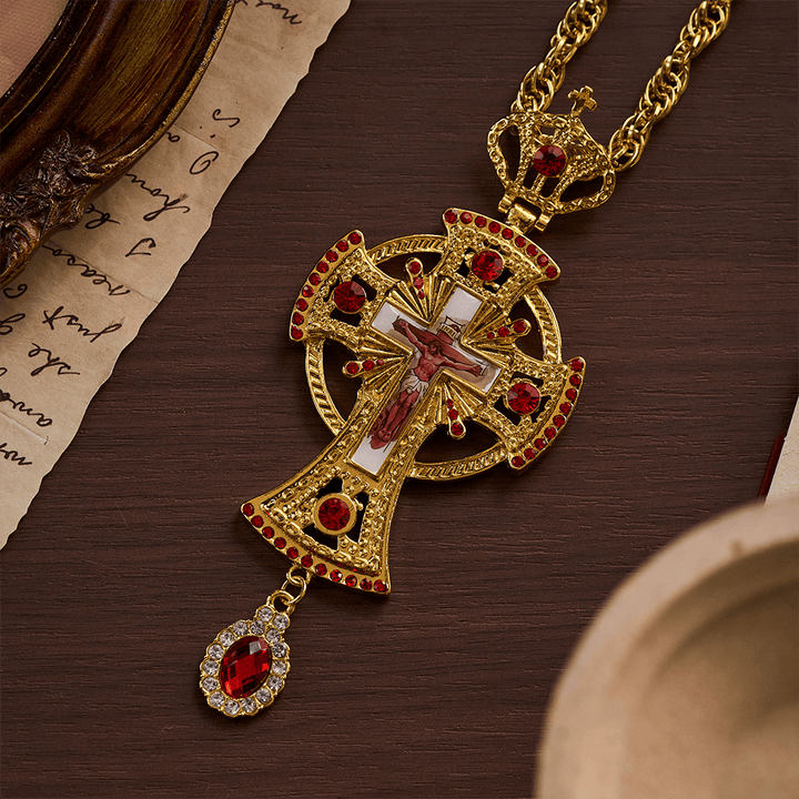 Solacebeads Byzantine Crucifix Pectoral Cross: Ornate Gold Clergy Pendant With Red Crystal Accents - Golden - image 0