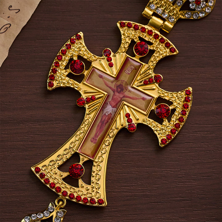 SolaceBeads Pectoral Cross: Gold-Plated Red Crystal Pendant with Sacred Icon Detail - image 3