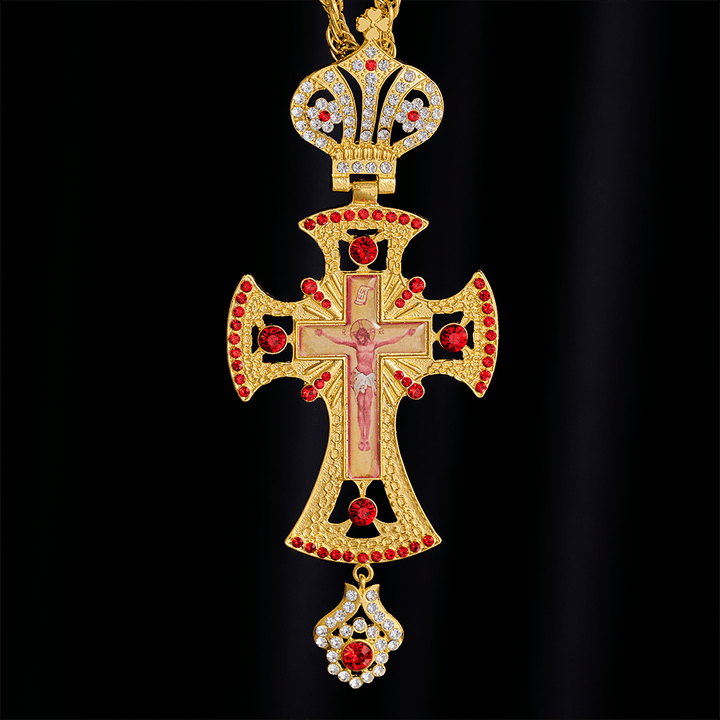 SolaceBeads Pectoral Cross: Gold-Plated Red Crystal Pendant with Sacred Icon Detail - image 5