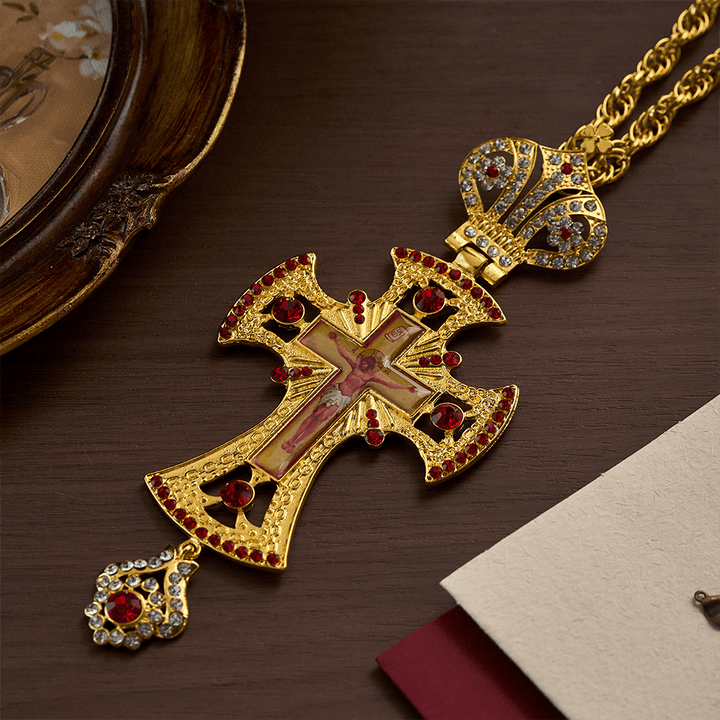 SolaceBeads Pectoral Cross: Gold-Plated Red Crystal Pendant with Sacred Icon Detail - image 1