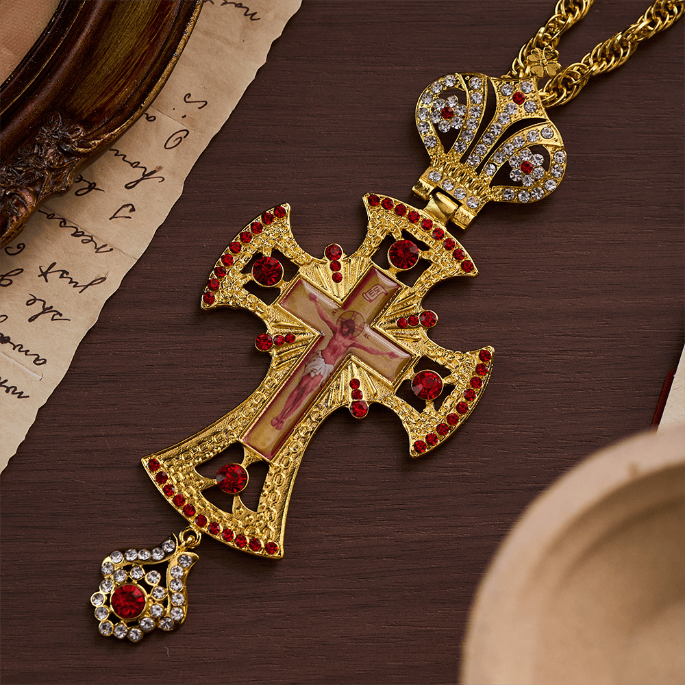 SolaceBeads Pectoral Cross: Gold-Plated Red Crystal Pendant with Sacred Icon Detail - Gold - image 0