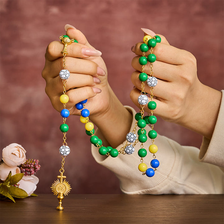 SolaceBeads Inspired Sport Rosary, Green-Yellow-Blue Beads with Soccer Accents &amp; Sacred Chalice Charm - image 1