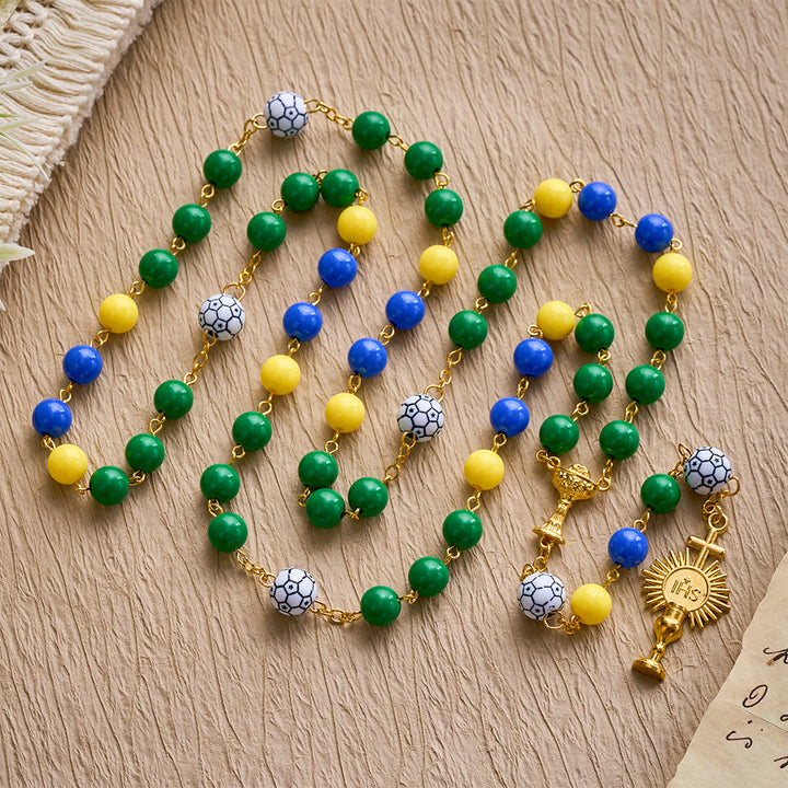 SolaceBeads Inspired Sport Rosary, Green-Yellow-Blue Beads with Soccer Accents &amp; Sacred Chalice Charm - image 8