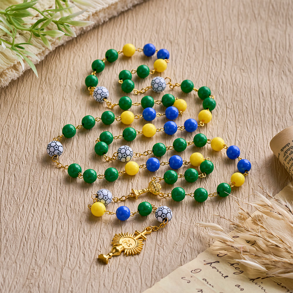 SolaceBeads Inspired Sport Rosary, Green-Yellow-Blue Beads with Soccer Accents &amp; Sacred Chalice Charm - image 7