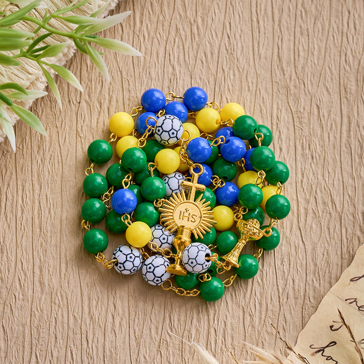 SolaceBeads Inspired Sport Rosary, Green-Yellow-Blue Beads with Soccer Accents &amp; Sacred Chalice Charm - Soccer Sport - image 0