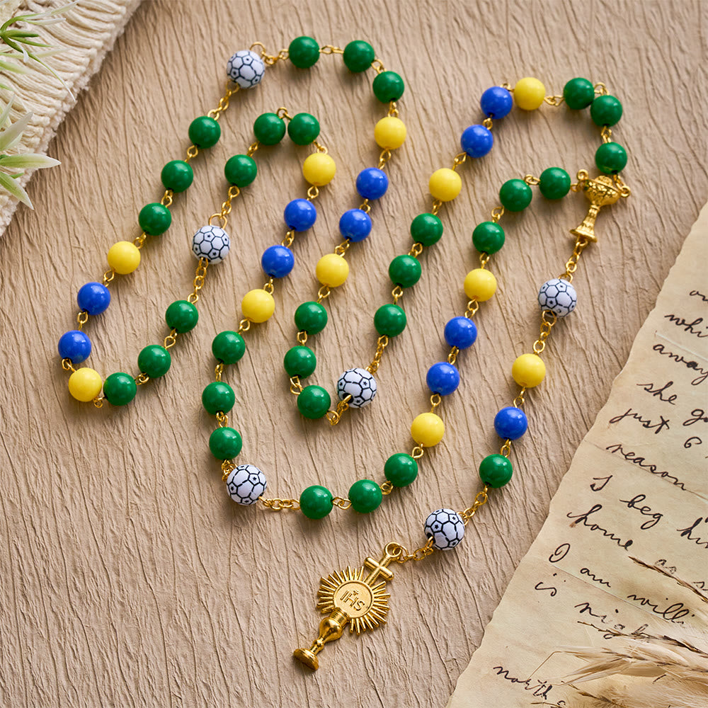 SolaceBeads Inspired Sport Rosary, Green-Yellow-Blue Beads with Soccer Accents &amp; Sacred Chalice Charm - image 3