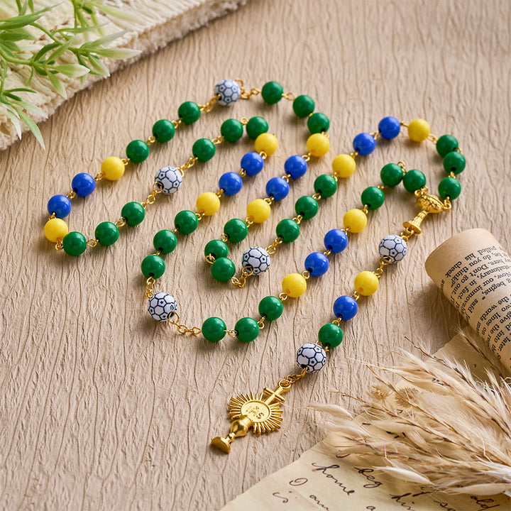 SolaceBeads Inspired Sport Rosary, Green-Yellow-Blue Beads with Soccer Accents &amp; Sacred Chalice Charm - image 2
