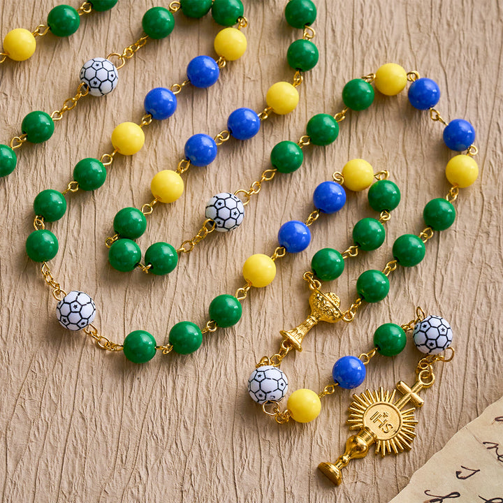 SolaceBeads Inspired Sport Rosary, Green-Yellow-Blue Beads with Soccer Accents &amp; Sacred Chalice Charm - image 4
