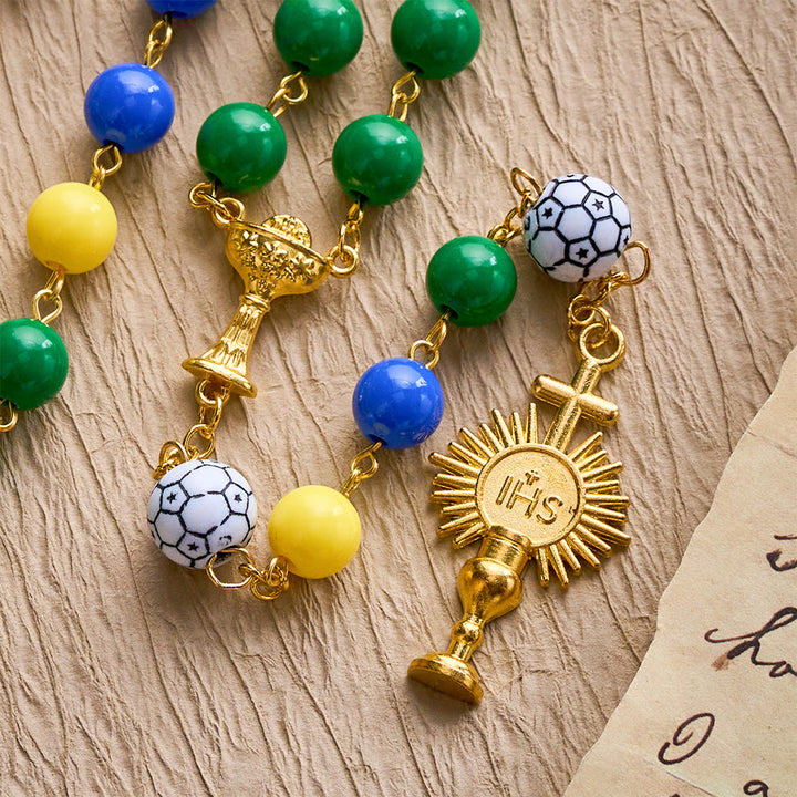 SolaceBeads Inspired Sport Rosary, Green-Yellow-Blue Beads with Soccer Accents &amp; Sacred Chalice Charm - image 6