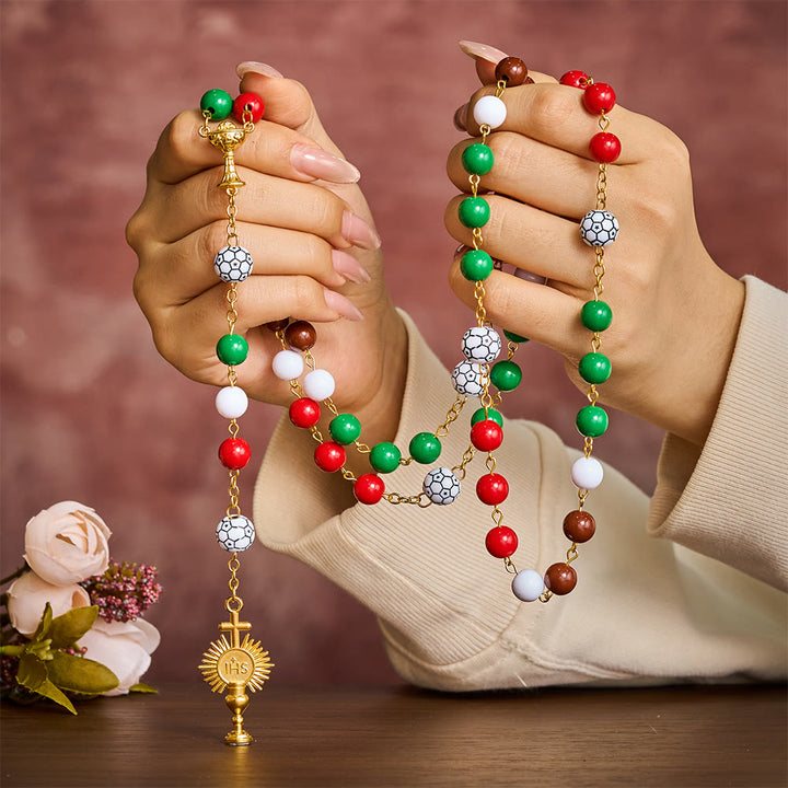 SolaceBeads Sport Rosary: Vibrant Passion Beads in Red, Green, Brown &amp; White with Soccer &amp; Chalice Charm - image 1