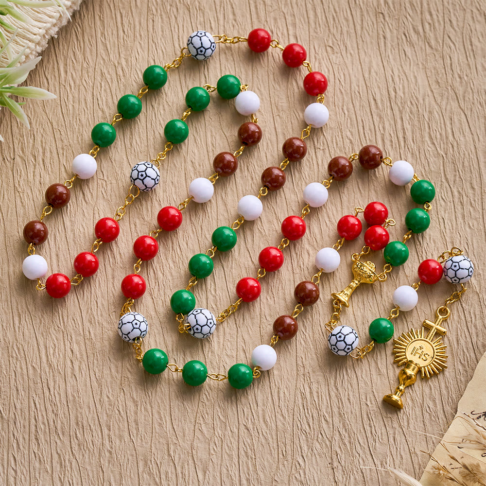 SolaceBeads Sport Rosary: Vibrant Passion Beads in Red, Green, Brown &amp; White with Soccer &amp; Chalice Charm - image 7