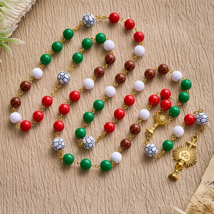 SolaceBeads Sport Rosary: Vibrant Passion Beads in Red, Green, Brown &amp; White with Soccer &amp; Chalice Charm - image 7