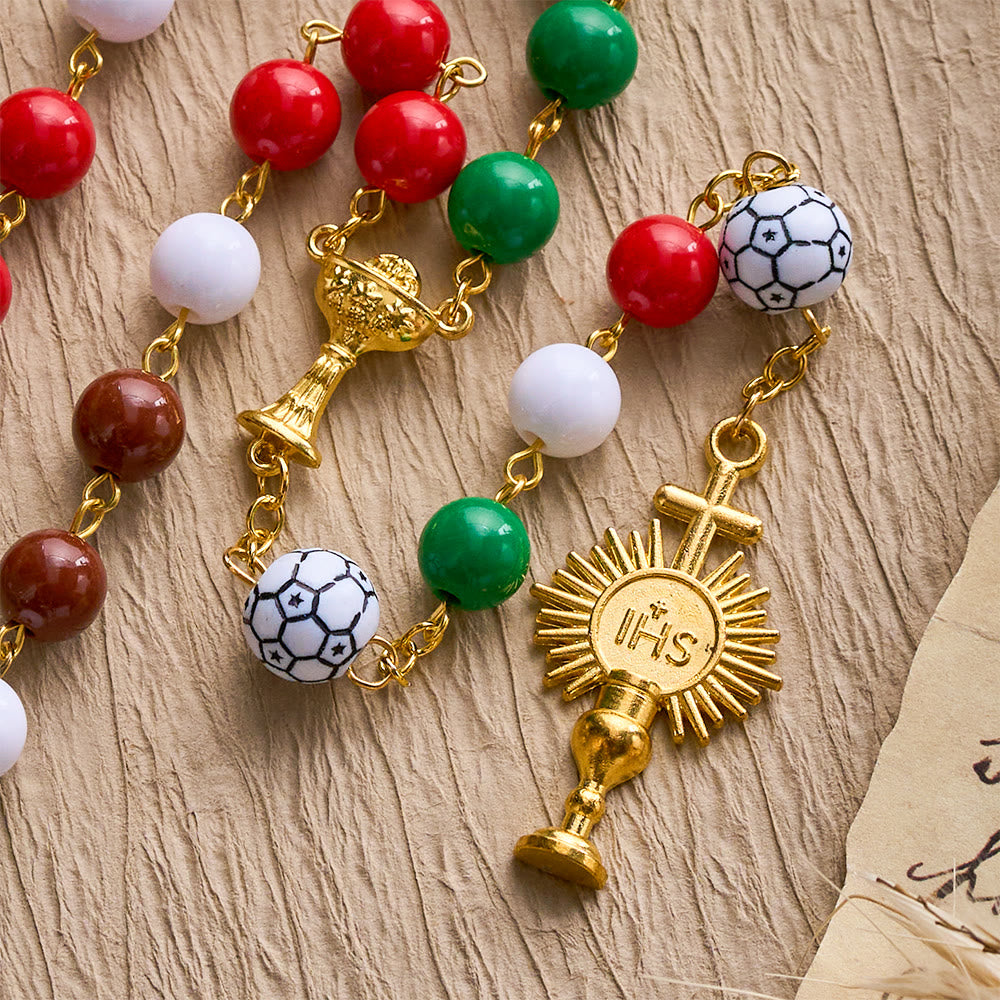 SolaceBeads Sport Rosary: Vibrant Passion Beads in Red, Green, Brown &amp; White with Soccer &amp; Chalice Charm - image 6