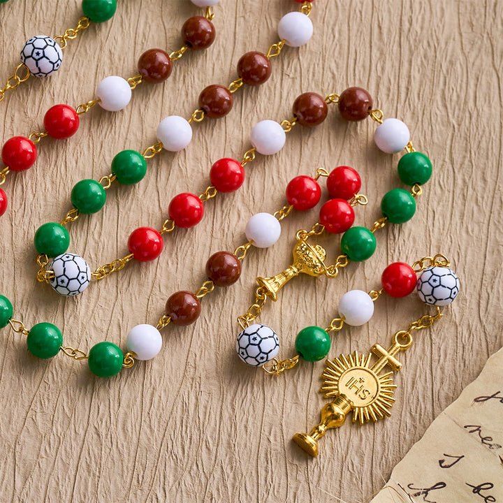 SolaceBeads Sport Rosary: Vibrant Passion Beads in Red, Green, Brown &amp; White with Soccer &amp; Chalice Charm - image 4