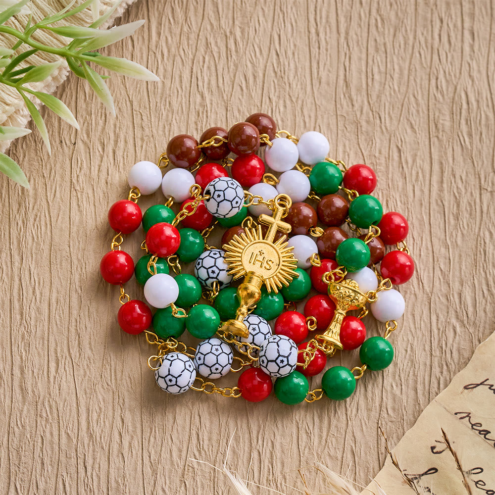 SolaceBeads Sport Rosary: Vibrant Passion Beads in Red, Green, Brown & White with Soccer & Chalice Charm - Soccer Sport - image 0