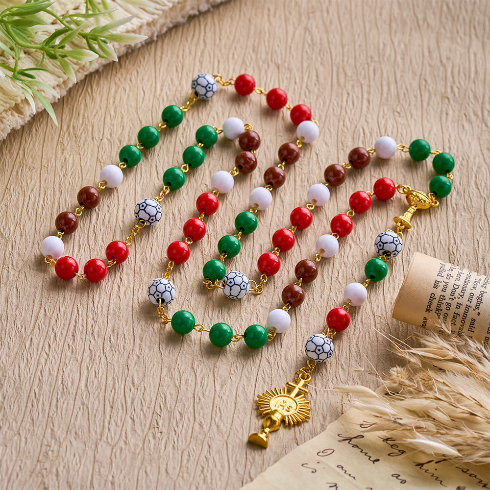 SolaceBeads Sport Rosary: Vibrant Passion Beads in Red, Green, Brown &amp; White with Soccer &amp; Chalice Charm - image 3