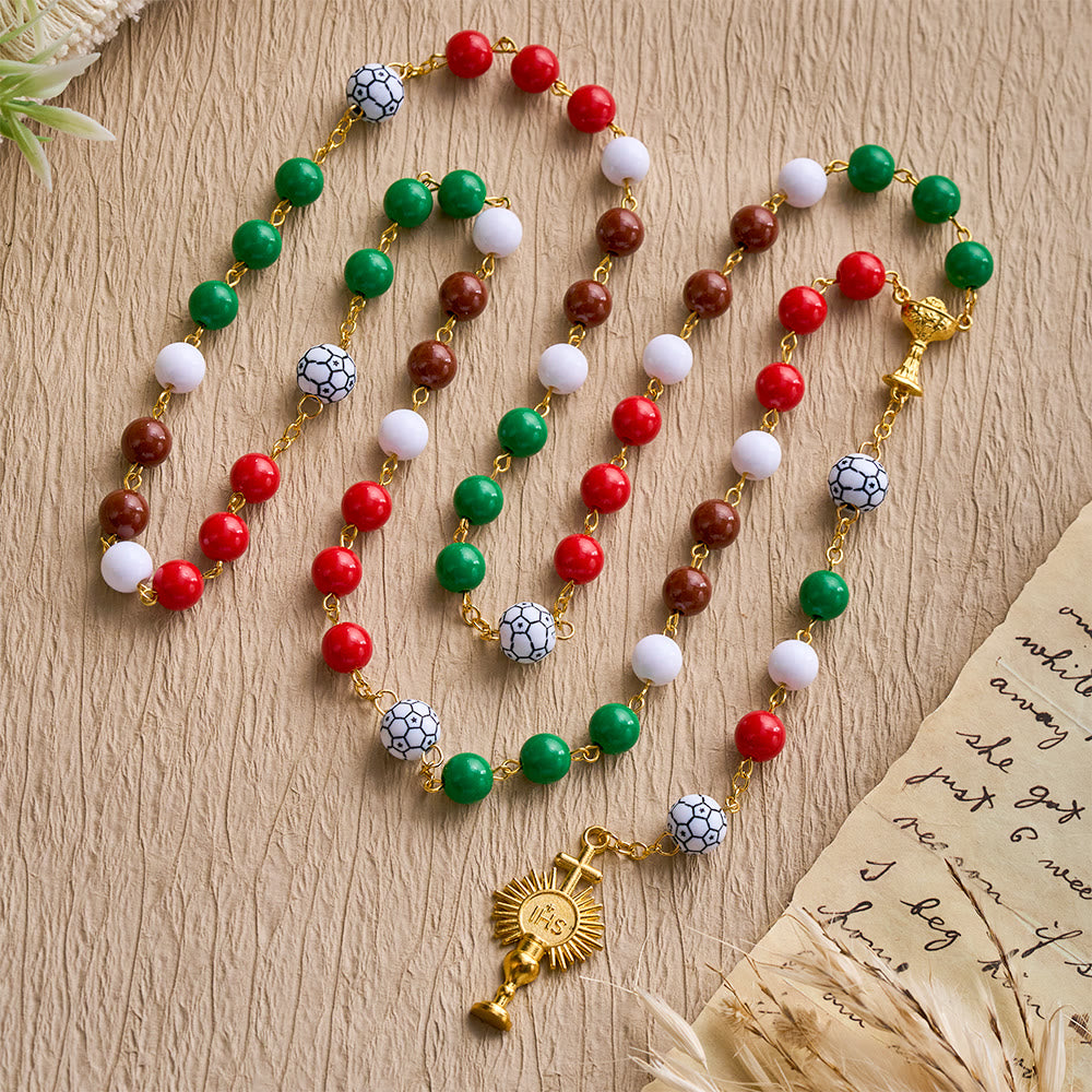 SolaceBeads Sport Rosary: Vibrant Passion Beads in Red, Green, Brown &amp; White with Soccer &amp; Chalice Charm - image 2