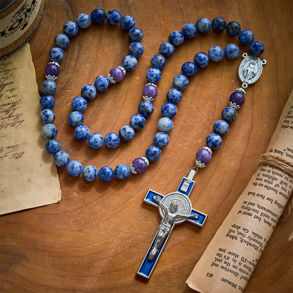 SolaceBeads Resilience Stone Rosary, Blue-White Natural Stone Beads with Sacred Cross &amp; Medal Details - image 2