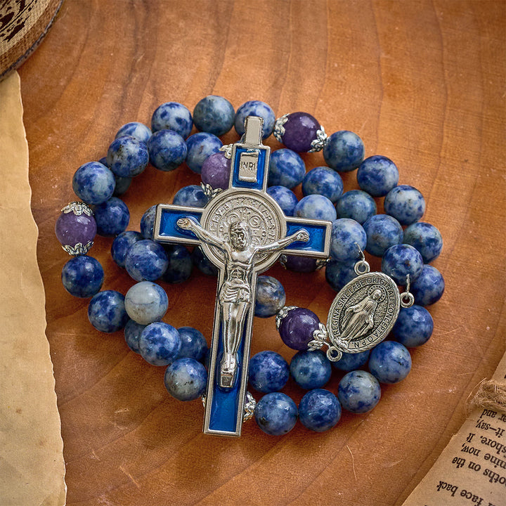 SolaceBeads Resilience Stone Rosary, Blue-White Natural Stone Beads with Sacred Cross &amp; Medal Details - image 7