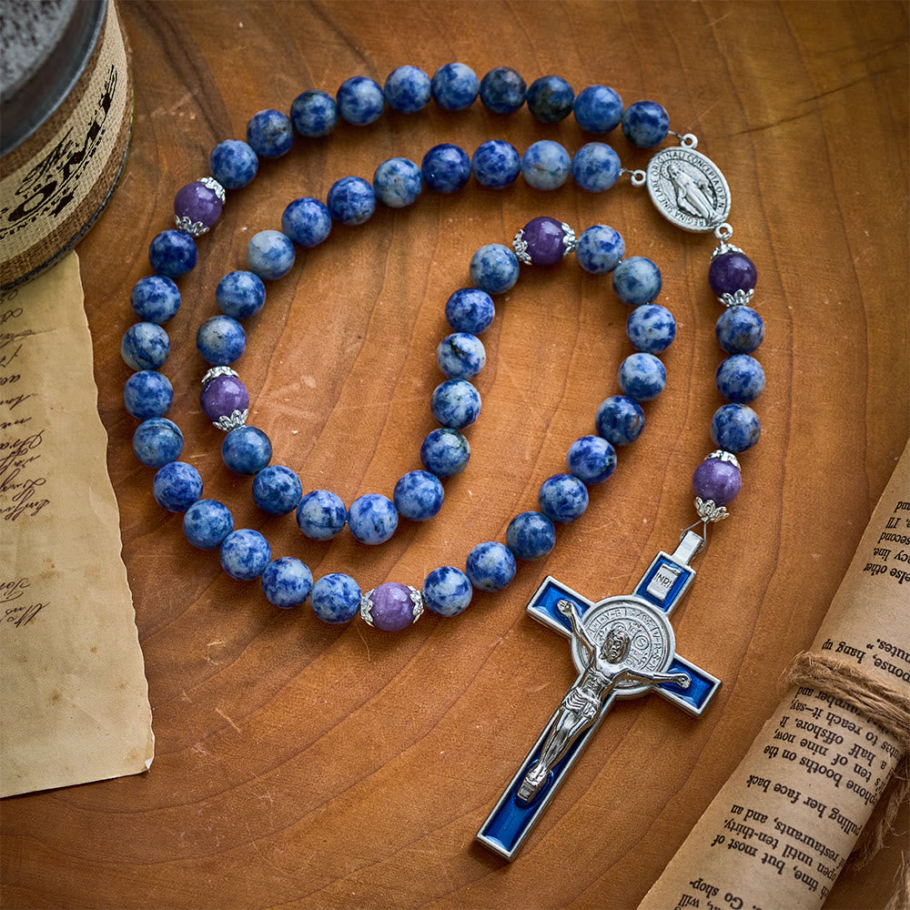 SolaceBeads Resilience Stone Rosary, Blue-White Natural Stone Beads with Sacred Cross & Medal Details - Blue & White - image 0