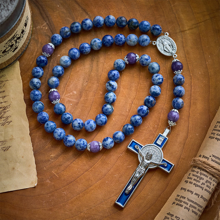 SolaceBeads Resilience Stone Rosary, Blue-White Natural Stone Beads with Sacred Cross &amp; Medal Details - Blue &amp; White - image 0