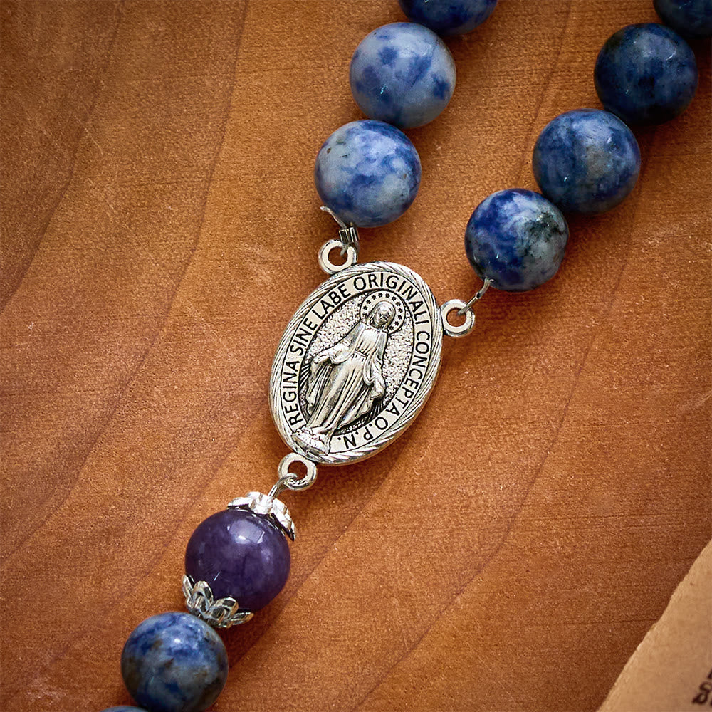 SolaceBeads Resilience Stone Rosary, Blue-White Natural Stone Beads with Sacred Cross &amp; Medal Details - image 5