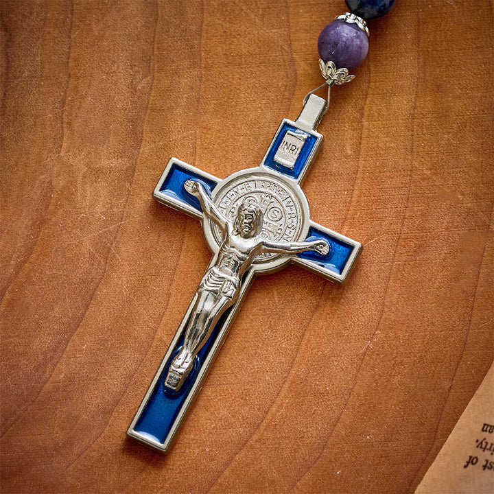 SolaceBeads Resilience Stone Rosary, Blue-White Natural Stone Beads with Sacred Cross &amp; Medal Details - image 6
