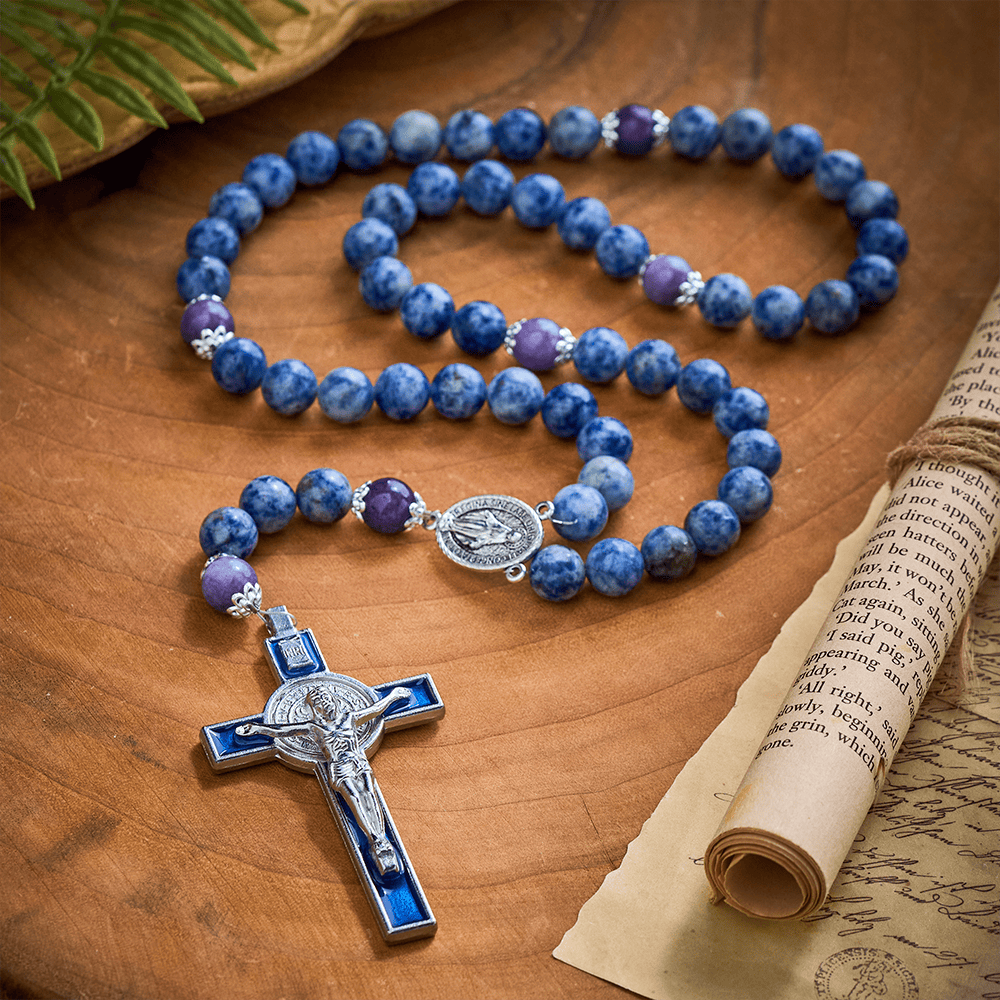 SolaceBeads Resilience Stone Rosary, Blue-White Natural Stone Beads with Sacred Cross &amp; Medal Details - image 3