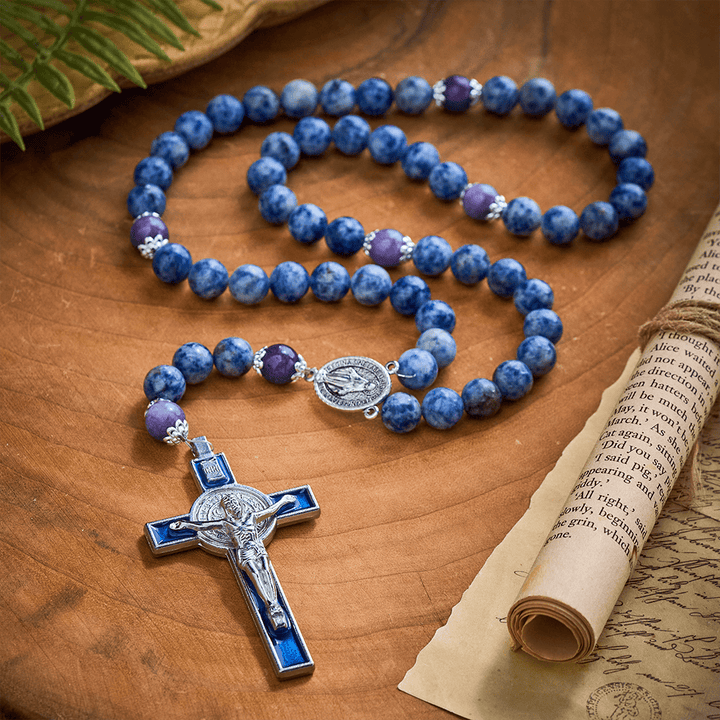 SolaceBeads Resilience Stone Rosary, Blue-White Natural Stone Beads with Sacred Cross &amp; Medal Details - image 3
