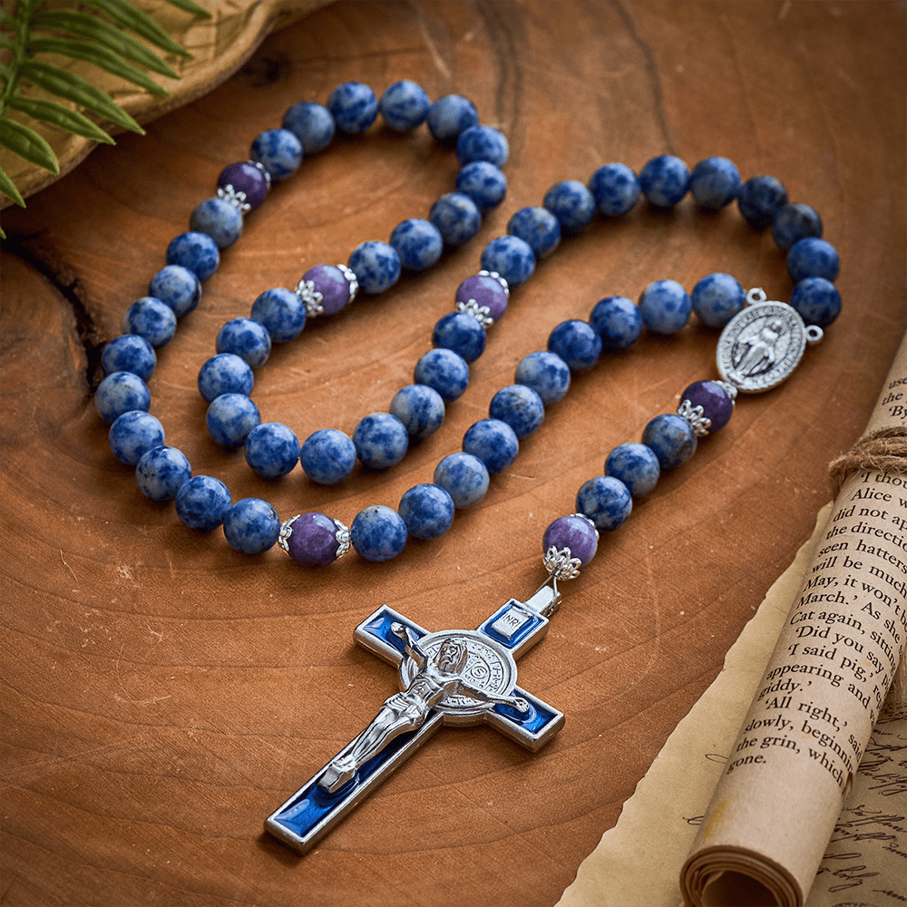 SolaceBeads Resilience Stone Rosary, Blue-White Natural Stone Beads with Sacred Cross &amp; Medal Details - image 8