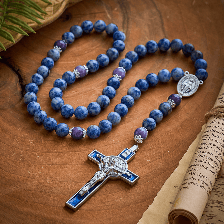 SolaceBeads Resilience Stone Rosary, Blue-White Natural Stone Beads with Sacred Cross &amp; Medal Details - image 8