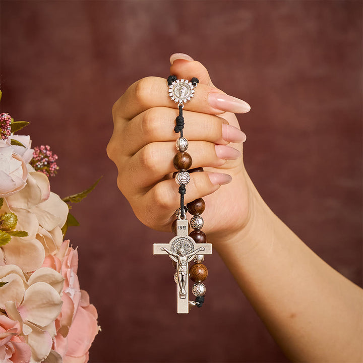 SolaceBeads Golden Sandalwood Car Rosary: For Safe Journeys with Miraculous Medal &amp; Crucifix - image 1