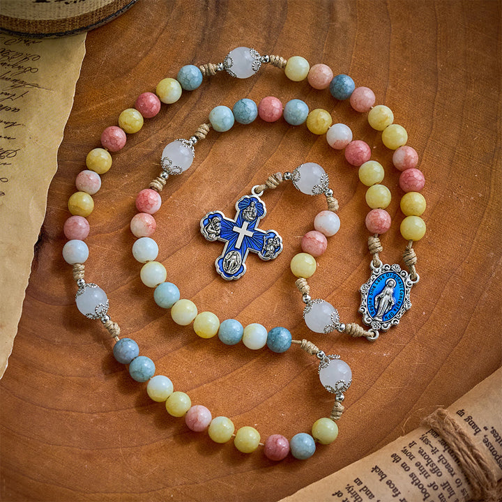 SolaceBeads Multicolor Stone Rosary, Mixed Gemstone &amp; White Jade Beads with Four-Way Cross Medal - Multicolor - image 0