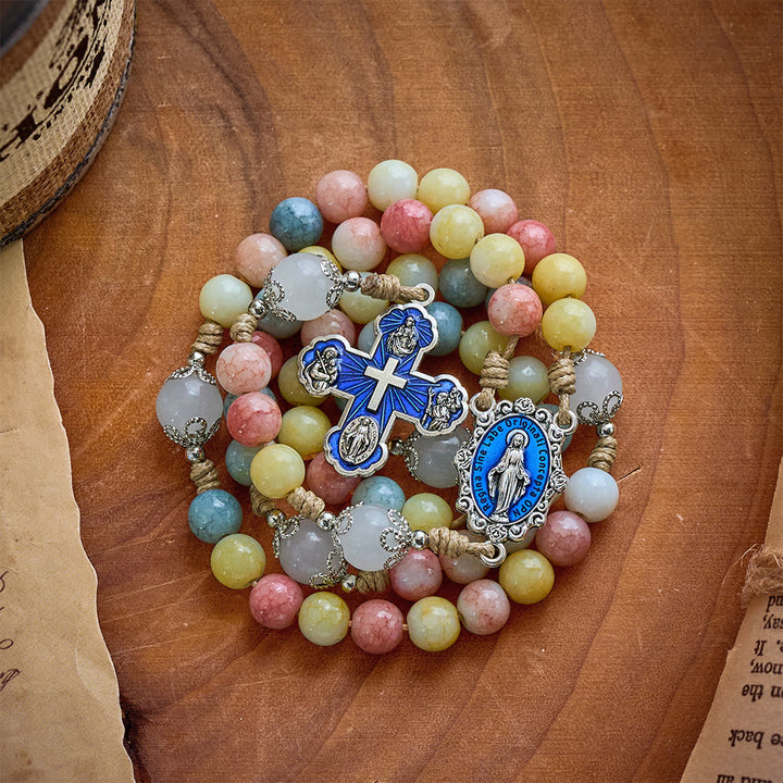 SolaceBeads Multicolor Stone Rosary, Mixed Gemstone &amp; White Jade Beads with Four-Way Cross Medal - image 4