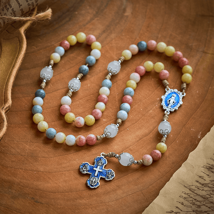 SolaceBeads Multicolor Stone Rosary, Mixed Gemstone &amp; White Jade Beads with Four-Way Cross Medal - image 2