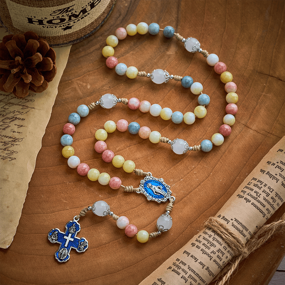 SolaceBeads Multicolor Stone Rosary, Mixed Gemstone &amp; White Jade Beads with Four-Way Cross Medal - image 10
