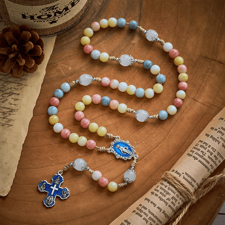 SolaceBeads Multicolor Stone Rosary, Mixed Gemstone &amp; White Jade Beads with Four-Way Cross Medal - image 10