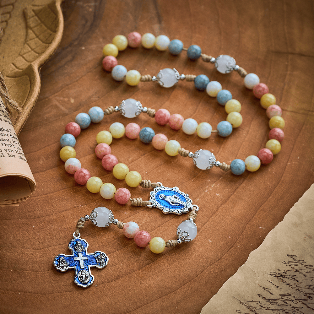 SolaceBeads Multicolor Stone Rosary, Mixed Gemstone &amp; White Jade Beads with Four-Way Cross Medal - image 3