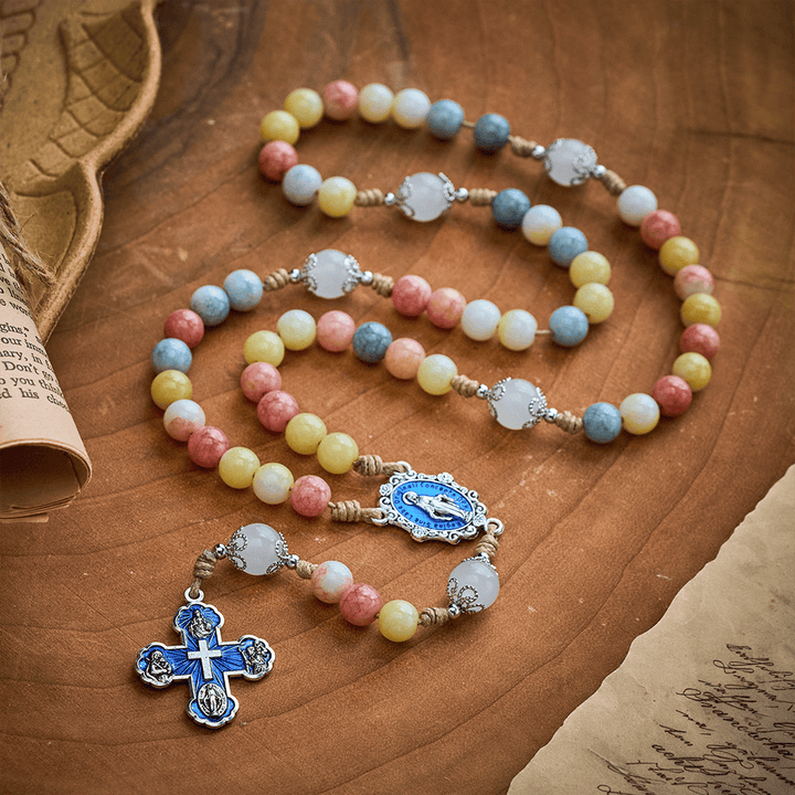 SolaceBeads Multicolor Stone Rosary, Mixed Gemstone &amp; White Jade Beads with Four-Way Cross Medal - image 3