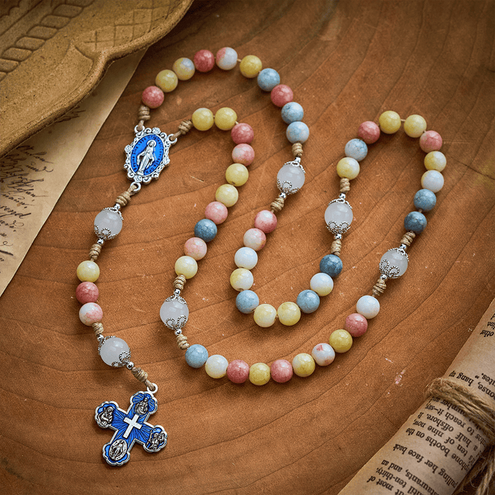 SolaceBeads Multicolor Stone Rosary, Mixed Gemstone &amp; White Jade Beads with Four-Way Cross Medal - image 9
