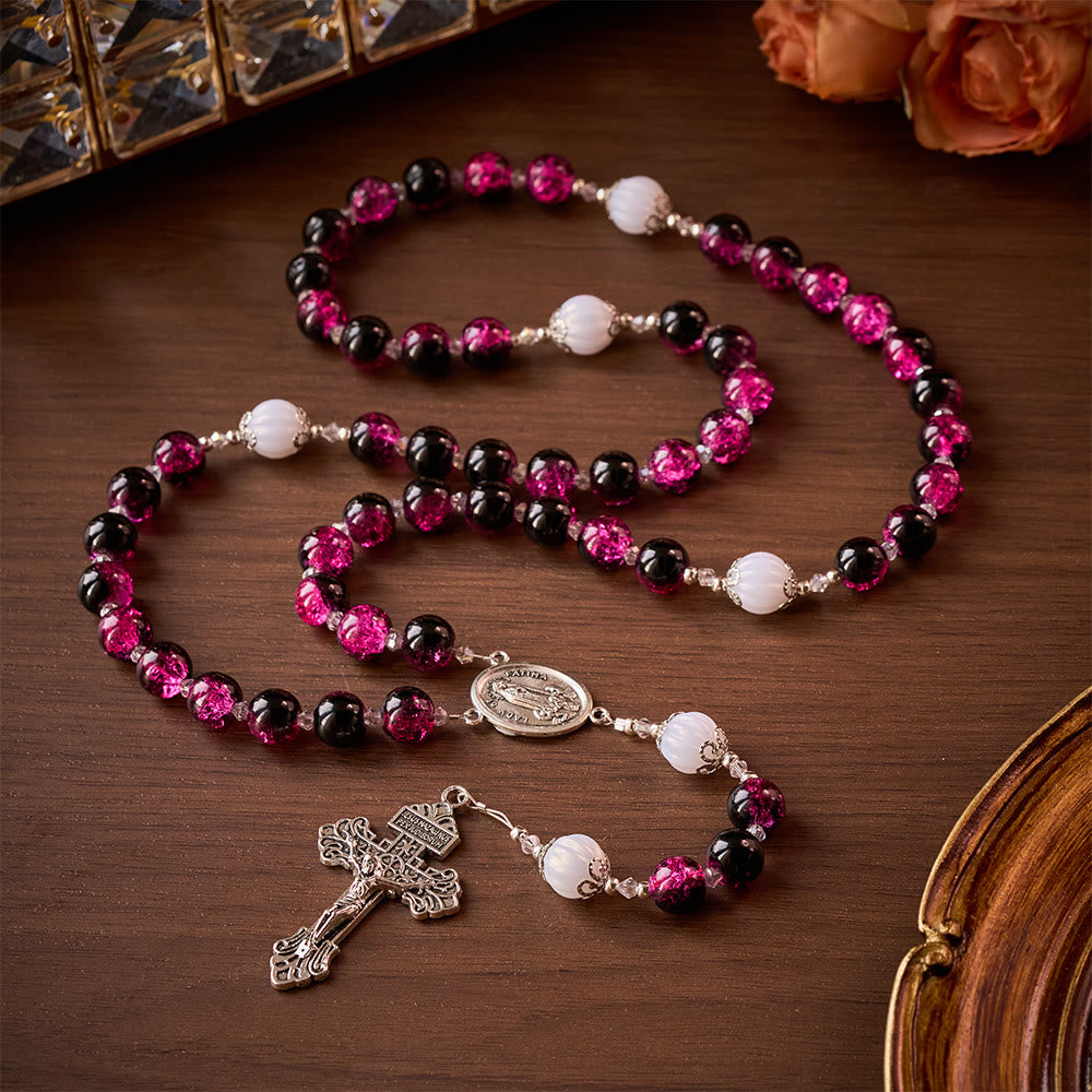 SolaceBeads Pink &amp; Black Glass Rosary: Our Lady Accent &amp; Ornate Cross, Crafted With Sparkling Devotion - image 3