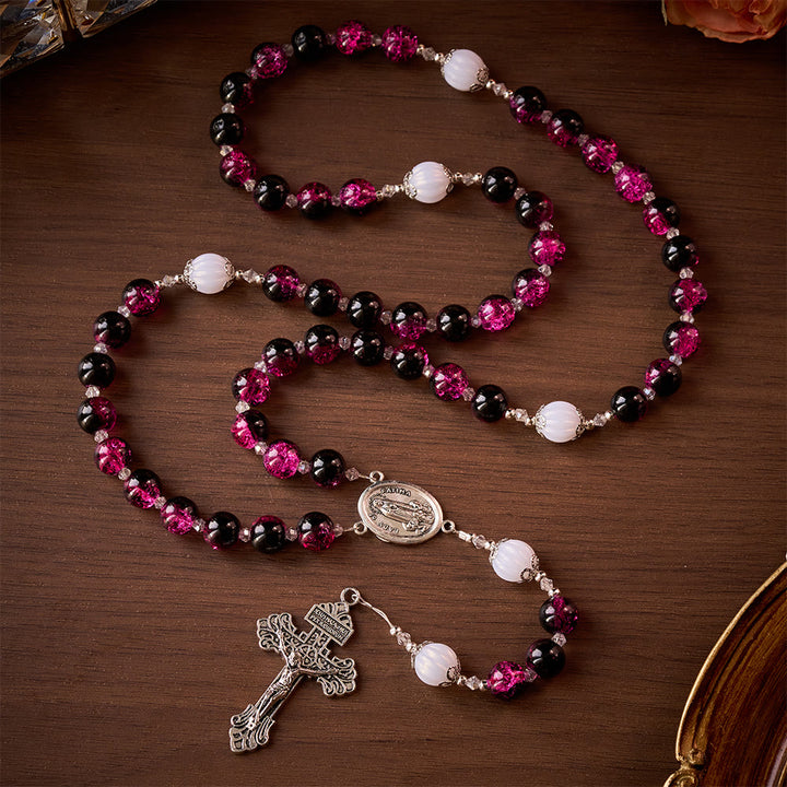 SolaceBeads Pink &amp; Black Glass Rosary: Our Lady Accent &amp; Ornate Cross, Crafted With Sparkling Devotion - image 8