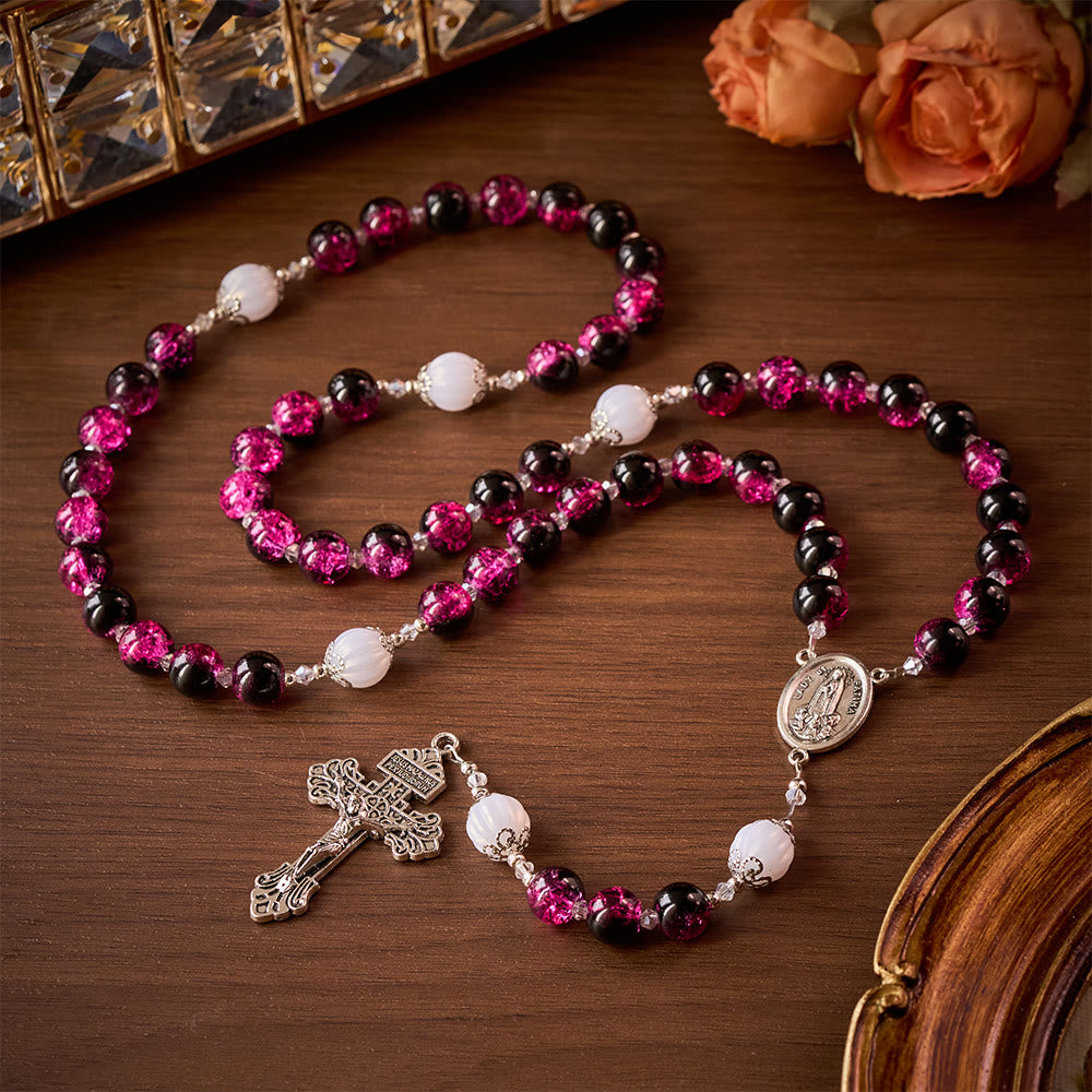 SolaceBeads Pink &amp; Black Glass Rosary: Our Lady Accent &amp; Ornate Cross, Crafted With Sparkling Devotion - image 2