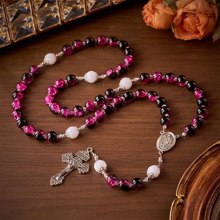 SolaceBeads Pink &amp; Black Glass Rosary: Our Lady Accent &amp; Ornate Cross, Crafted With Sparkling Devotion - image 2
