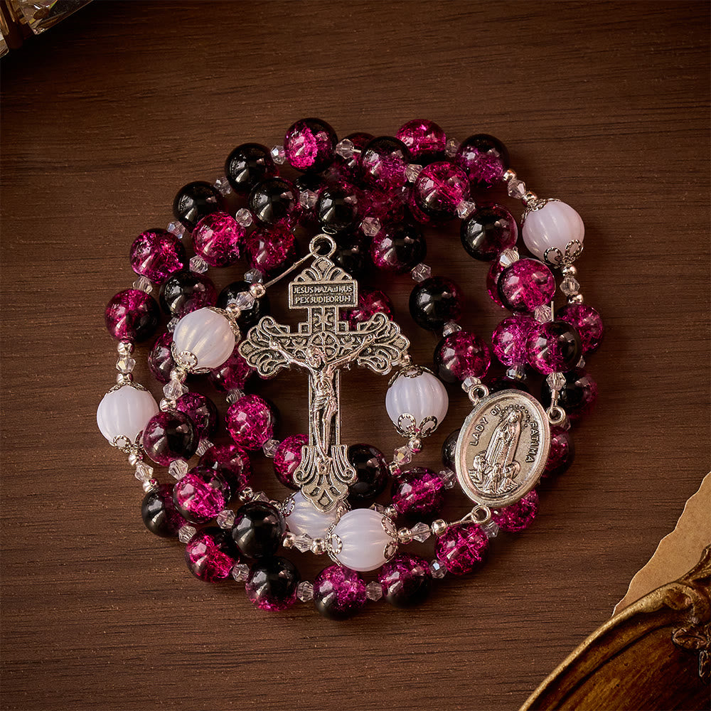 SolaceBeads Pink &amp; Black Glass Rosary: Our Lady Accent &amp; Ornate Cross, Crafted With Sparkling Devotion - image 7