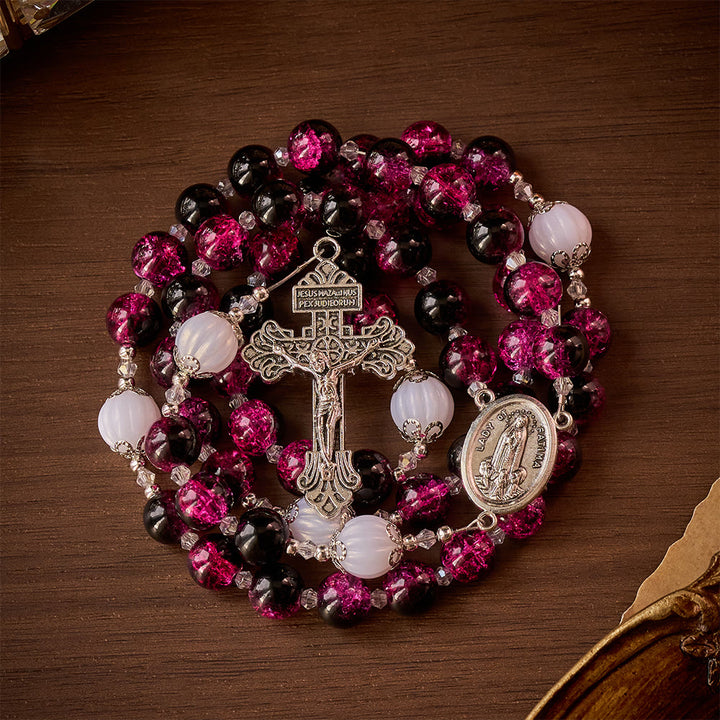 SolaceBeads Pink &amp; Black Glass Rosary: Our Lady Accent &amp; Ornate Cross, Crafted With Sparkling Devotion - image 7