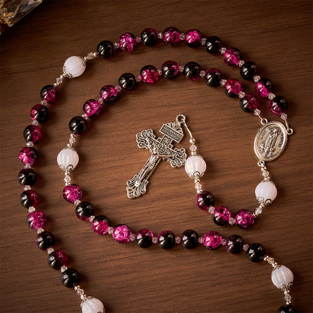 SolaceBeads Pink & Black Glass Rosary: Our Lady Accent & Ornate Cross, Crafted With Sparkling Devotion - Pink & Black - image 0
