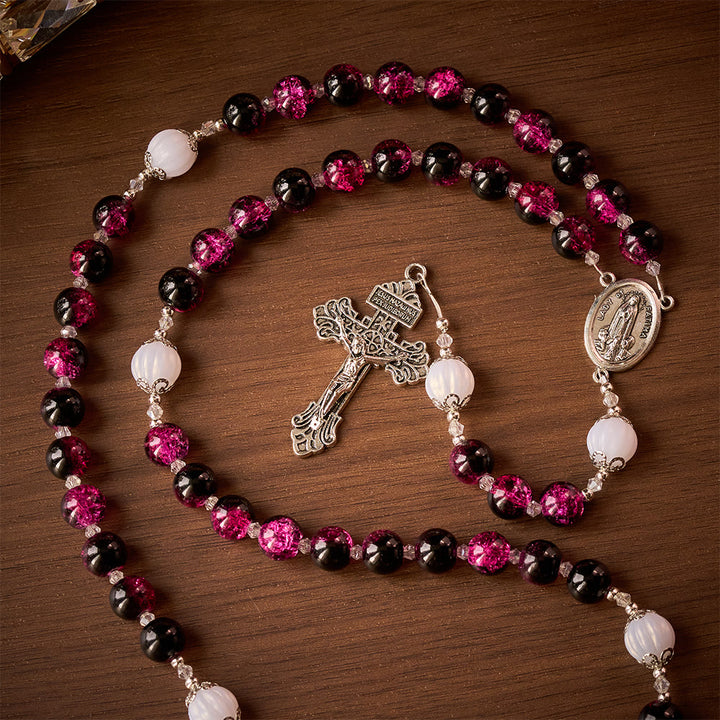 SolaceBeads Pink &amp; Black Glass Rosary: Our Lady Accent &amp; Ornate Cross, Crafted With Sparkling Devotion - Pink &amp; Black - image 0