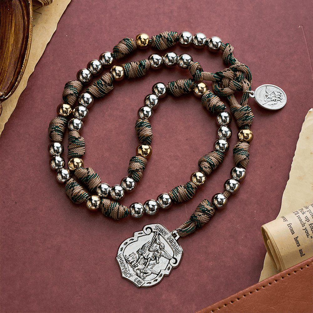 SolaceBeads Handcrafted Two-Tone Rosary, Silver & Gold Beads with Angel Pendant: Guardian Devotion - St. Michael - image 0