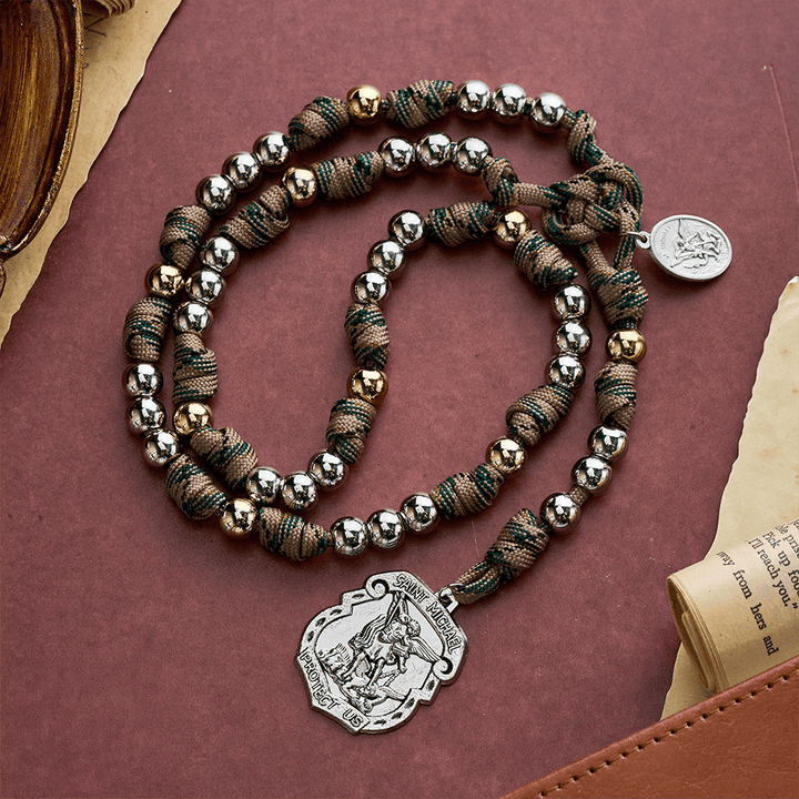 SolaceBeads Handcrafted Two-Tone Rosary, Silver &amp; Gold Beads with Angel Pendant: Guardian Devotion - St. Michael - image 0